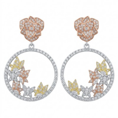 Black Label Collection - Floral design - Natural White Topaz 22K Gold over .925 Sterling Silver handmade 3 tones earrings