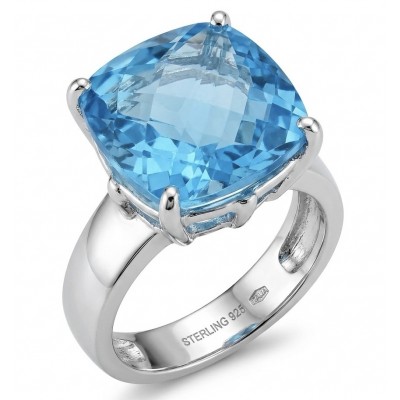 Fancy Princess cut 15.8 carat Swiss Blue Topaz .925 Sterling Silver dipped in rhodium handcrafted Large ring size 6