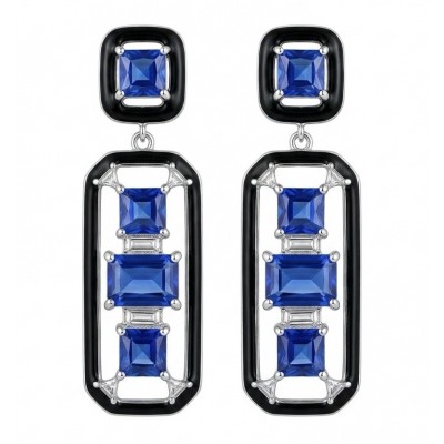 Art Deco 11.5 carat Sapphire black enamel .925 Sterling Silver handcrafted earrings