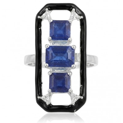 Art Deco 6.2 carat Sapphire black enamel .925 Sterling Silver handcrafted Ring size 7 1/2