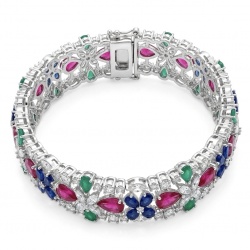 RARE BEAUTY! Valentina 31.2 carat Ruby Emerald Sapphire .925 Sterling Silver dipped in rhodium Statement Bracelet