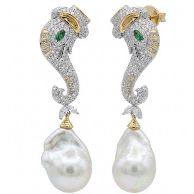 Two Elephats with 0.4 carat Emerald Eyes - Baroque style Precious natural Mother of Pearl 22K Gold over .925 Sterling Silver handcrafted earrings