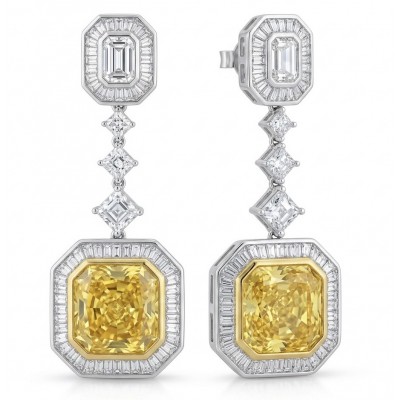 Art Deco - Luxurious asscher cut 20.5 carat Yellow Sapphire 18K Gold over .925 Sterling Silver handcrafted earrings