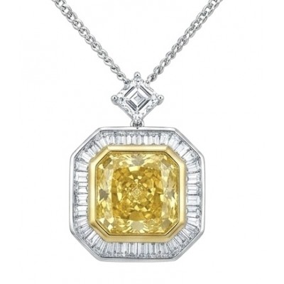 Art Deco - Luxurious asscher cut 14.7 carat Yellow Sapphire rhodium over .925 Sterling Silver handcrafted necklace