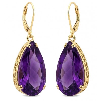 Natural 22.6 carat fancy pear cut Amethyst 14K Gold over .925 Sterling Silver handmade earrings