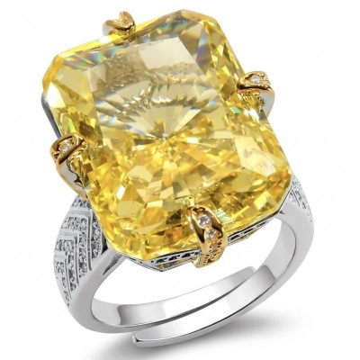 Solid 24.8 carat Genuine Yellow Sapphire 2 tones .925 Sterling Silver handcrafted ring size 8 adjustable