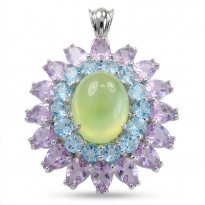 Wise Bliss Authentic 14.6 carat Prehnite Aquamarine .925 Sterling Silver dipped in Rhodium handmade Pendant