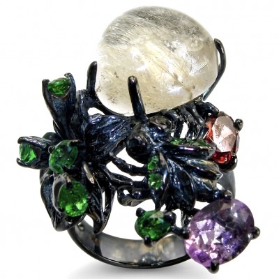 Large Best quality Golden Rutilated Quartz black rhodium over .925 Sterling Silver handcrafted Ring Size 8 1/2