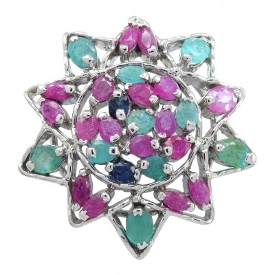 20.5 carat Authentic Kashmir Ruby Emerald Sapphire .925 Sterling Silver handcrafted Pendant and Brooch