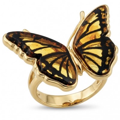Butterfly Authentic Baltic Amber .925 Sterling Silver dipped in 18K Gold handcrafted ring; s. 8 adjustable