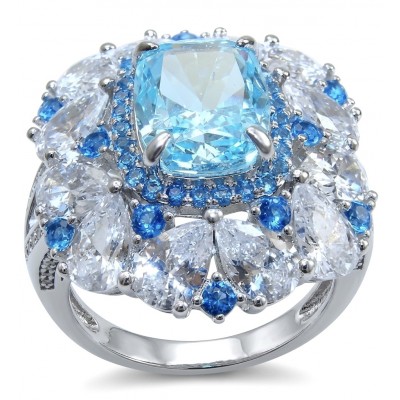 Paris Sky Blue 8.8 carat Swiss Blue Topaz .925 Sterling Silver dipped in rhodium handcrafted ring size 7