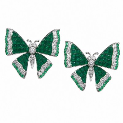 Incredible green Butterflies genuine mystery setting 11.5 CARAT Emerald .925 Sterling Silver handcrafted Earrings