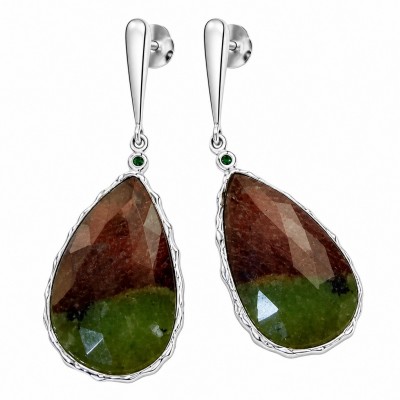 Large Unique genuine Chrysoprase rhodium over .925 Sterling Silver handmade earrings