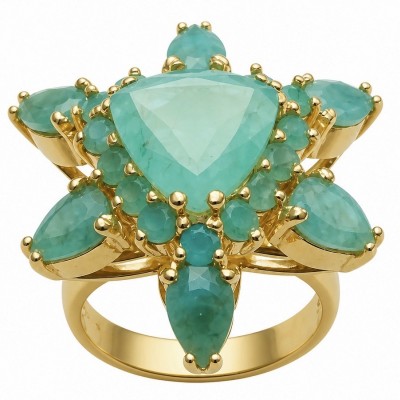 Elizabeth trillionl cut 12.8 carat top quality Colombian Emerald .925 Sterling Silver dipped in 22K Gold handcrafted Ring size 7