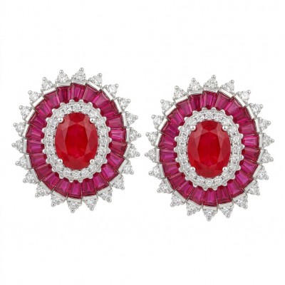 Art Deco - Genuine 3.8 carat Ruby rhodium over .925 Sterling Silver handcrafted Statement Earrings