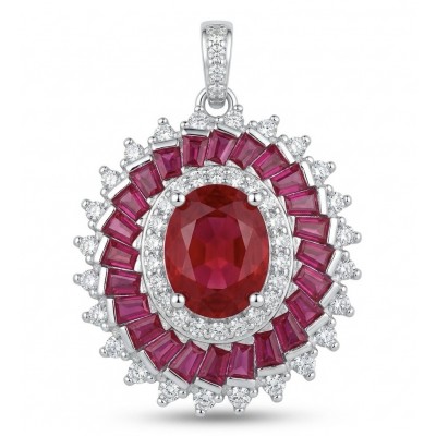 Art Deco - Genuine 3.8 carat Ruby rhodium over .925 Sterling Silver handcrafted Statement Pendant