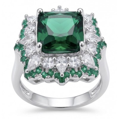 Luxurious asscher cut 7.9 carat Emerald .925 Sterling Silver rhodium over handcrafted Ring s. 7 1/2