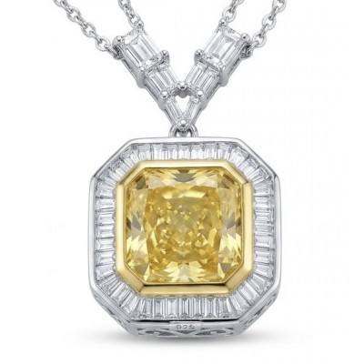 Art Deco - Luxurious asscher cut 14.7 carat Yellow Sapphire rhodium over .925 Sterling Silver handcrafted necklace