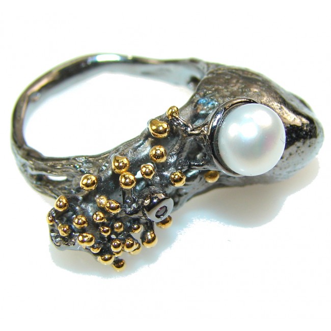 Amazing Italy Made Fresh Water Pearl Rhodium Plated Sterling Silver ring; 8 1/2