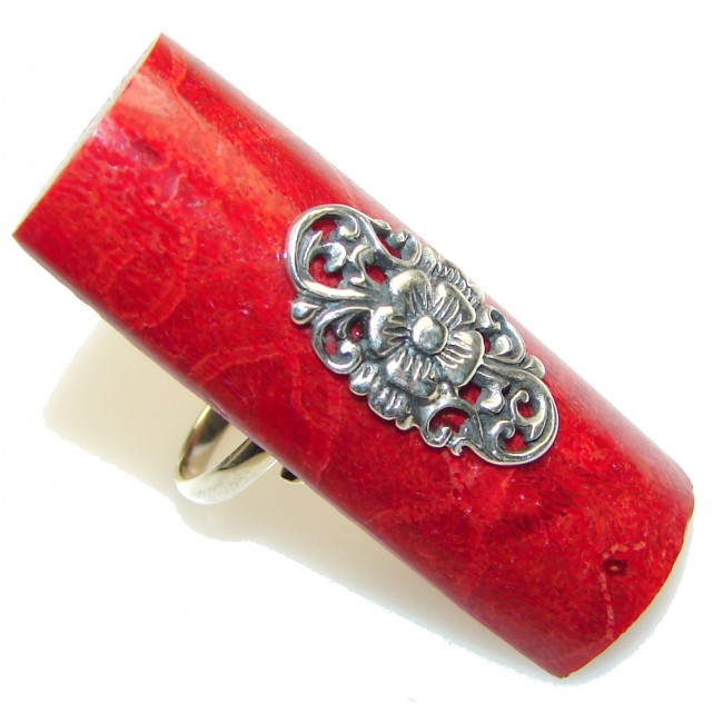 Big! Lovely Red Fossilized Coral Sterling Silver ring s. 7 - Adjustable