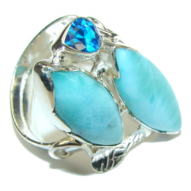 Tropical Glow! AAA Blue Larimar & London Blue Topaz Sterling Silver Ring s. 8 1/2