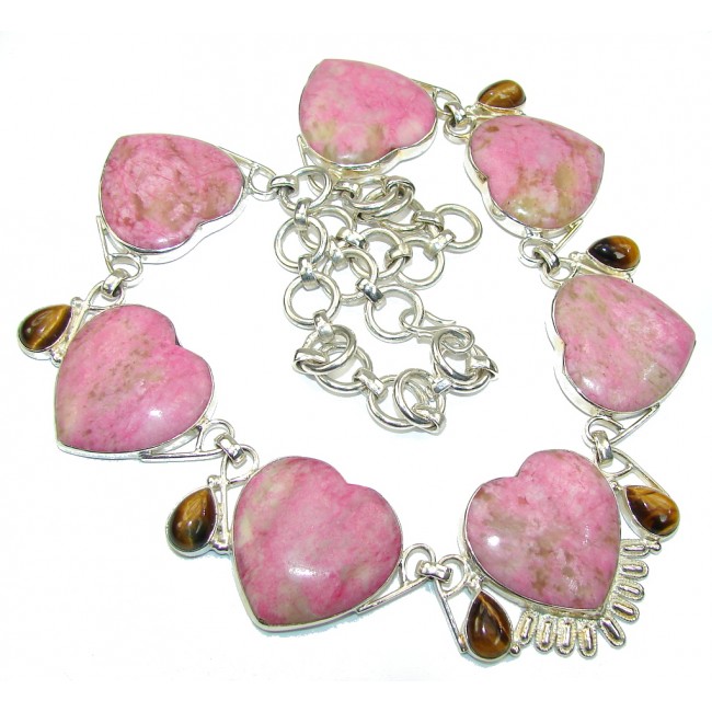 Exotic Color Of Pink Sea Sediment & Tiger's Eye Sterling Silver necklace