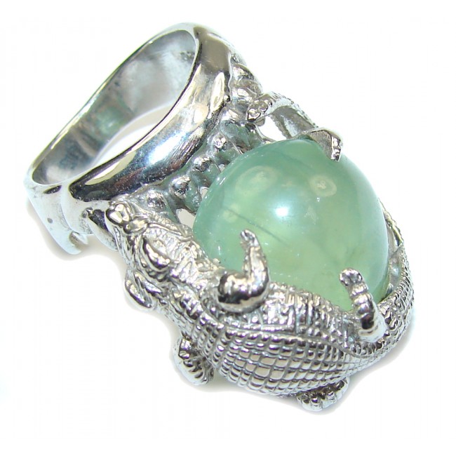 Big! Gorgeous Alligator Green Moss Prehnite Sterling Silver ring; s. 8