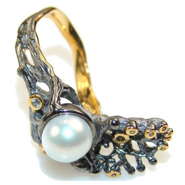Delicate Italy Made Fresh Water Pearl Rhodium Plated 18ct Gold Sterling Silver ring; 8