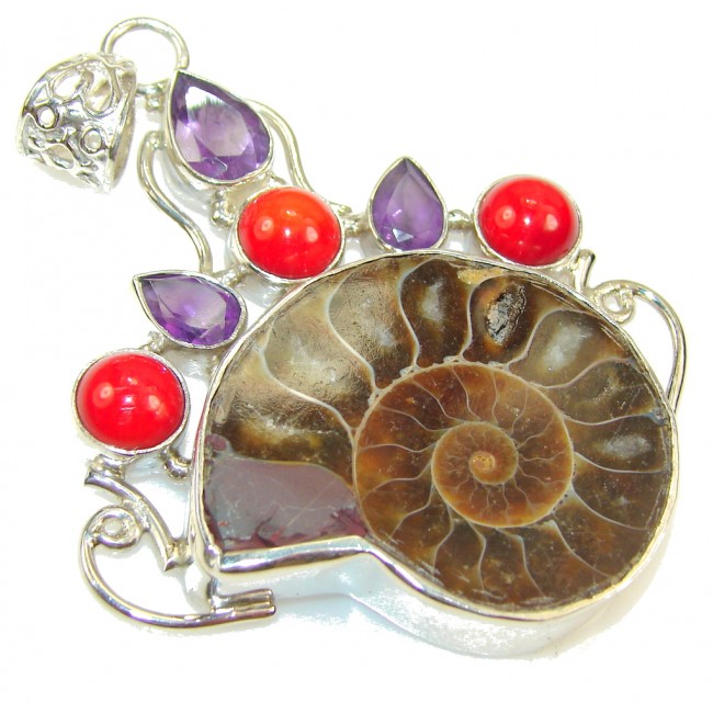 Big! Gorgeous Design!! Ammonite Fossil Sterling Silver Pendant