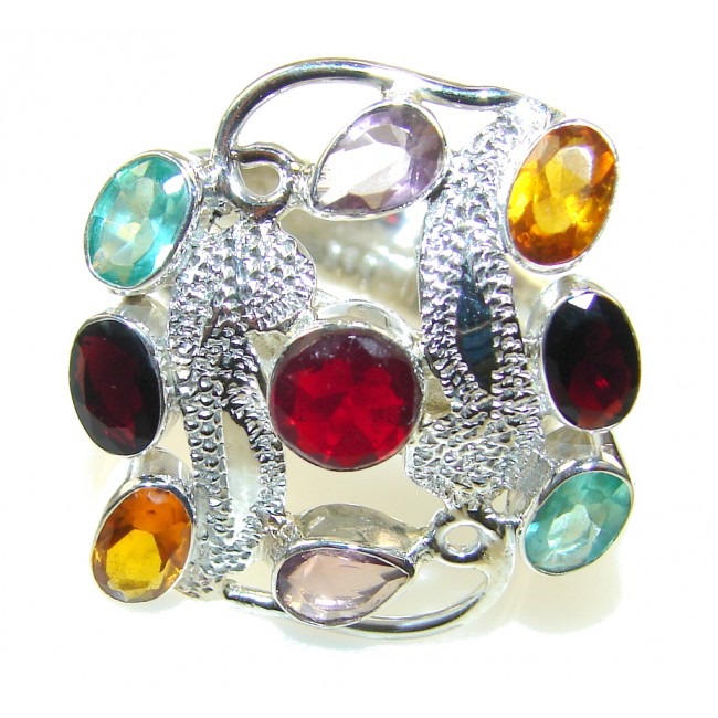 Awesome Multicolor Quartz Sterling Silver Ring s. 10 1/4