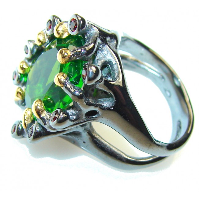Italy Made Green Topaz 18k Gold & Black Rodium Plated Sterling Silver Ring s. 7