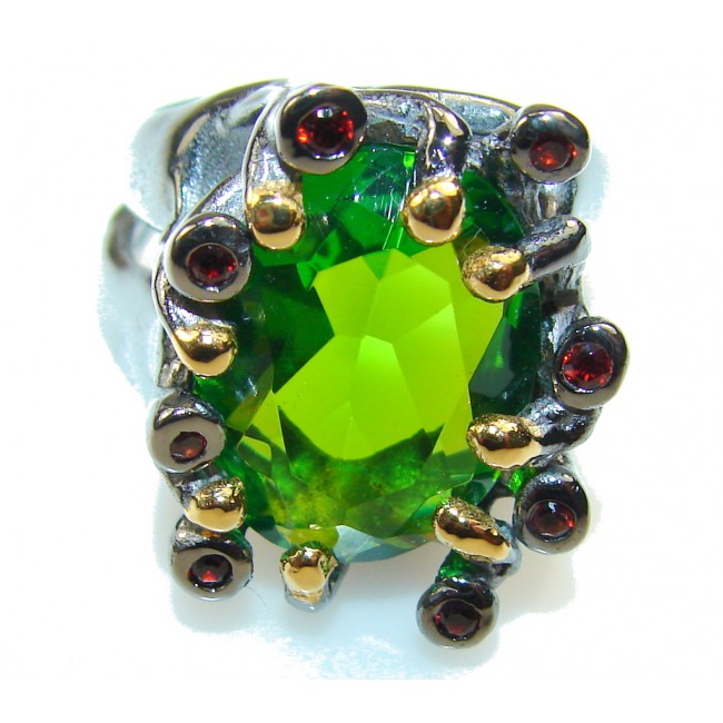 Italy Made Green Topaz 18k Gold & Black Rodium Plated Sterling Silver Ring s. 7