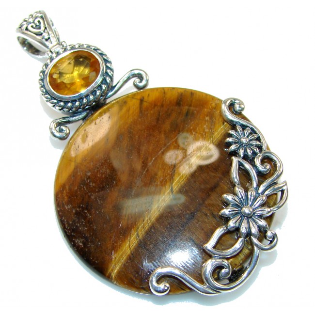 Amazing Design!! Brown Tigers Eye Sterling Silver Pendant