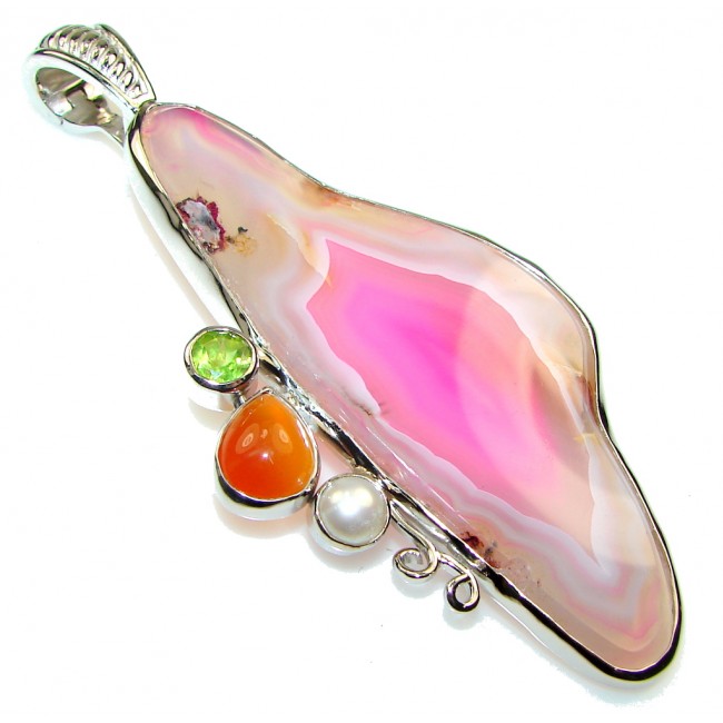 Large! New Fashion! Pink Agate Sterling Silver Pendant