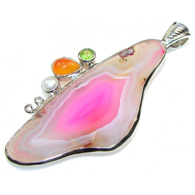 Large! New Fashion! Pink Agate Sterling Silver Pendant
