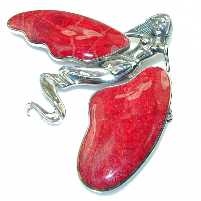 Secret Red Fossilized Coral Sterling Silver pendant/pin