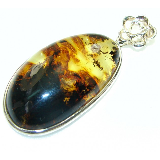 Exclusive!! Brown Polish Amber Sterling Silver Pendant