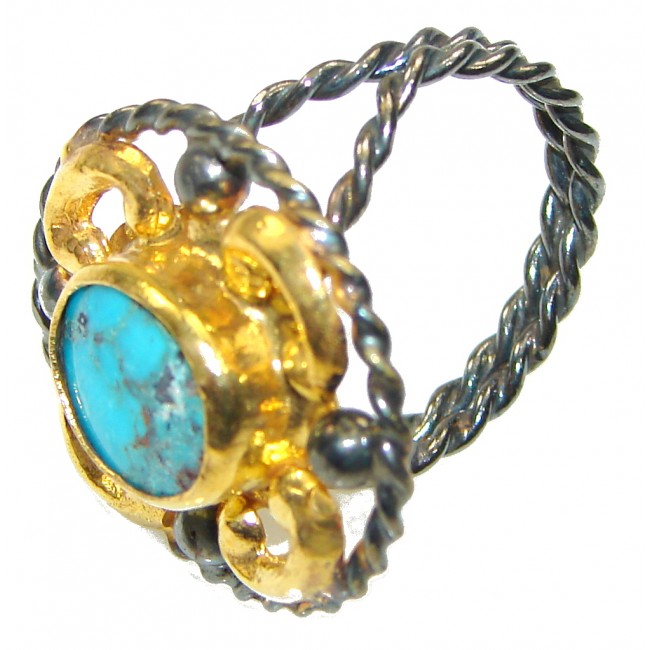 Italy Made Blue Turquoise, Rhodium Plated, Gold Plated Sterling Silver Ring s. 6 - Adjustable