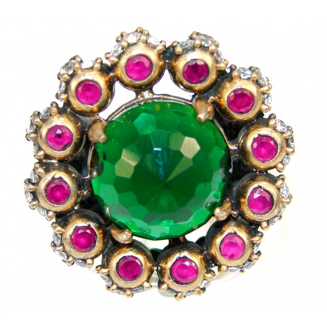 Victorian Style! Green Quartz, Ruby Sterling Silver Ring s. 8 1/2