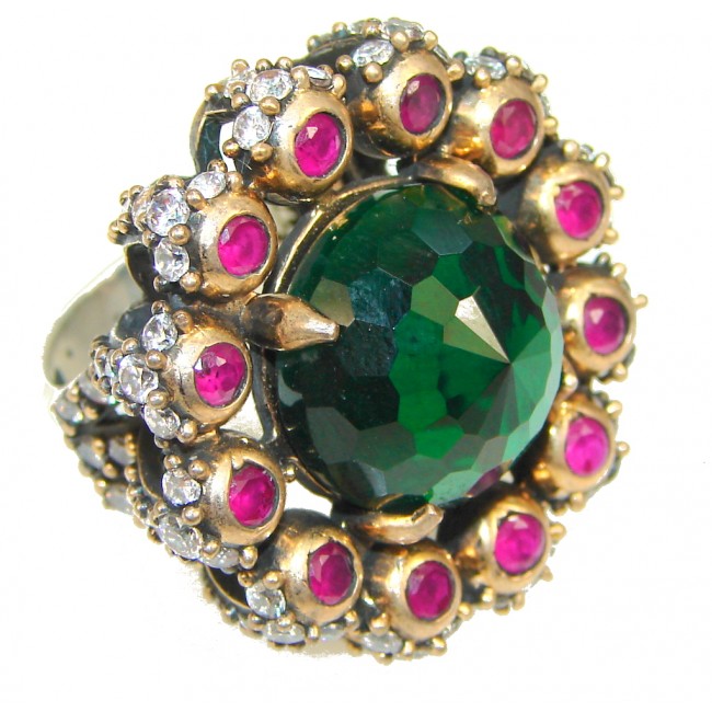 Victorian Style! Green Quartz, Ruby Sterling Silver Ring s. 8 1/2