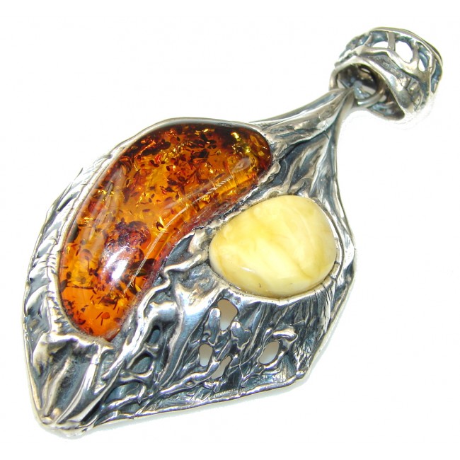 Big! Vintage Style! Brown & Butterscotch Amber Sterling Silver Pendant