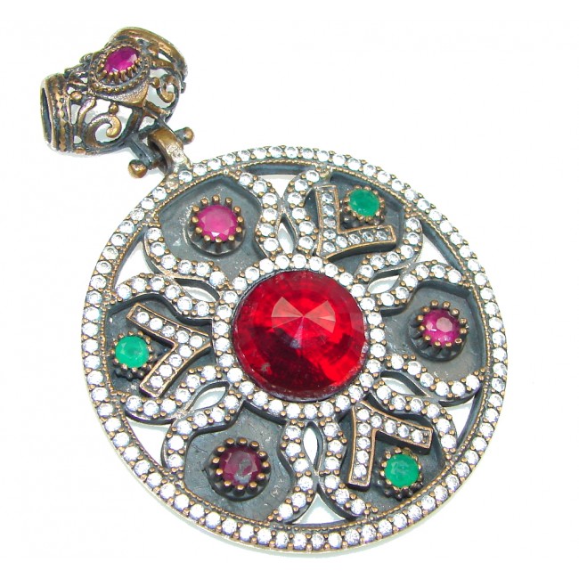 Victorian Style! Green Emerald, Ruby, White Topaz Sterling Silver Pendant