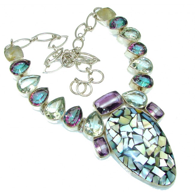Huge! Fashion Mozaic Rainbow Abalone Sterling Silver Necklace