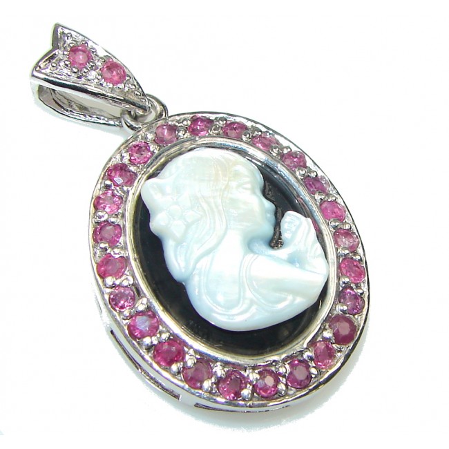 Stunning Design! White Cameo & Ruby Sterling Silver Pendant
