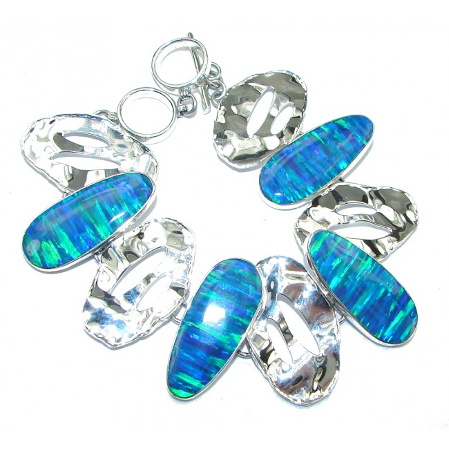 Stunning! Blue Fire Opal Sterling Silver Bracelet