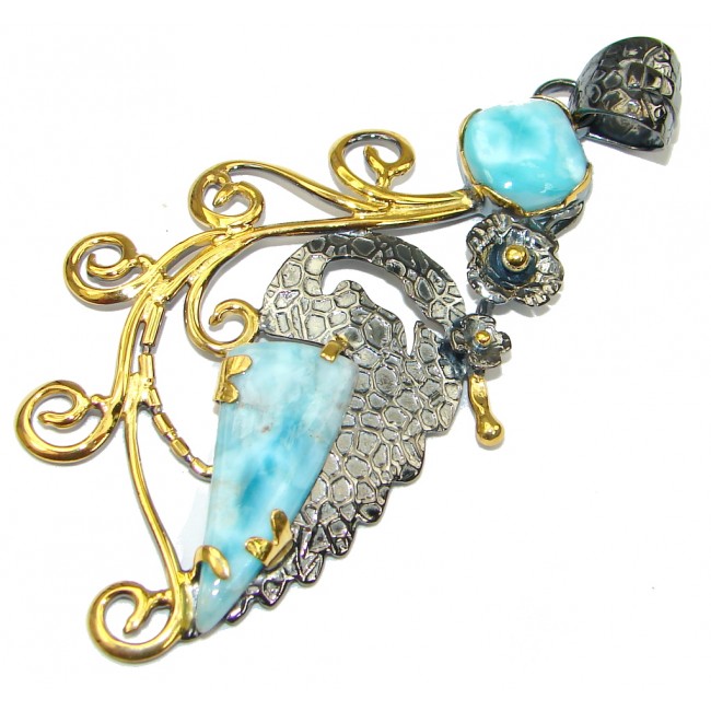 Large! Gorgeous Design! Blue Larimar, Gold Plated, Rhodium Plated Sterling Silver Pendant