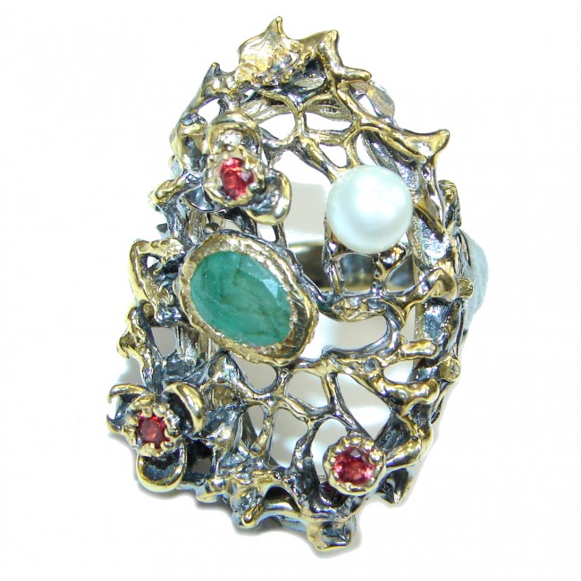 Garden Style! Green Emerald, Gold Plated, Rhodium Plated Sterling Silver ring s. 6