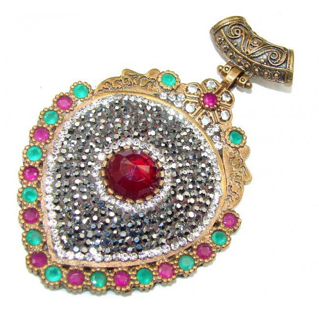 Victorian Style! Red Garnet & Ruby & Emerald Sterling Silver Pendant