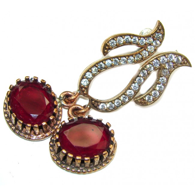 Victorian Style! Red Ruby & White Topaz Sterling Silver earrings