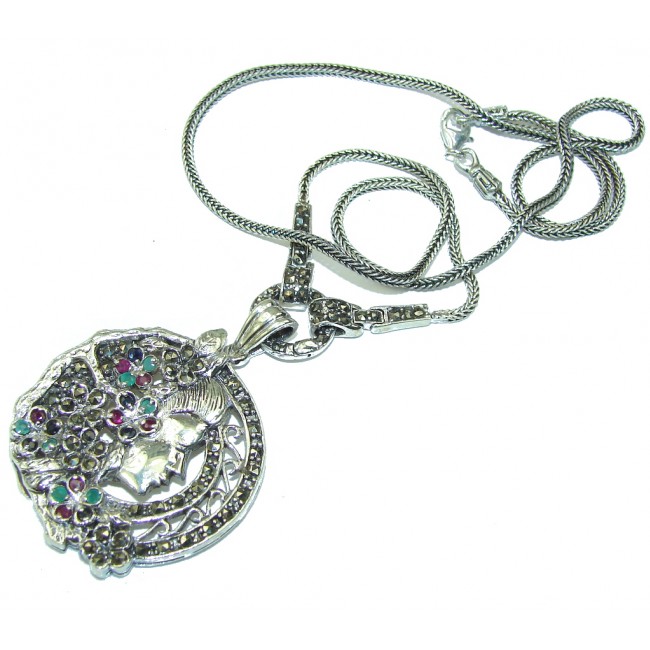 Bali Art! Marcasite & Ruby & Sapphire & Emerald Sterling Silver necklace